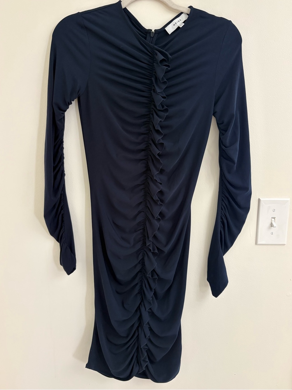 Reiss Harriet Night Navy Ruched Ruffle Bodycon Mini Dress US 0 luxury old money - Picture 2 of 8